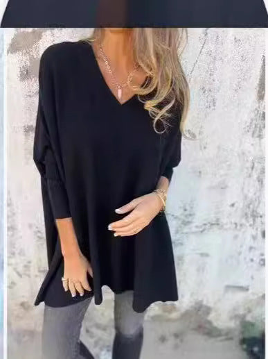 Women’s Knitted V-Neck Long Sleeve Loose Shirt
