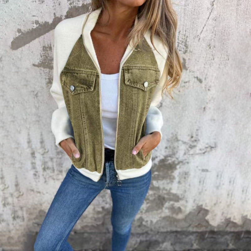 Women’s Casual Denim Patchwork Hooded Jacket