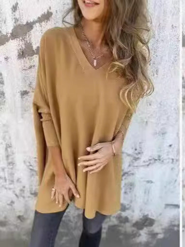 Women’s Knitted V-Neck Long Sleeve Loose Shirt