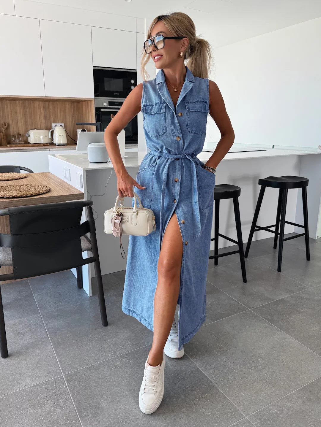 Alba – Belted Denim Bodycon Dress
