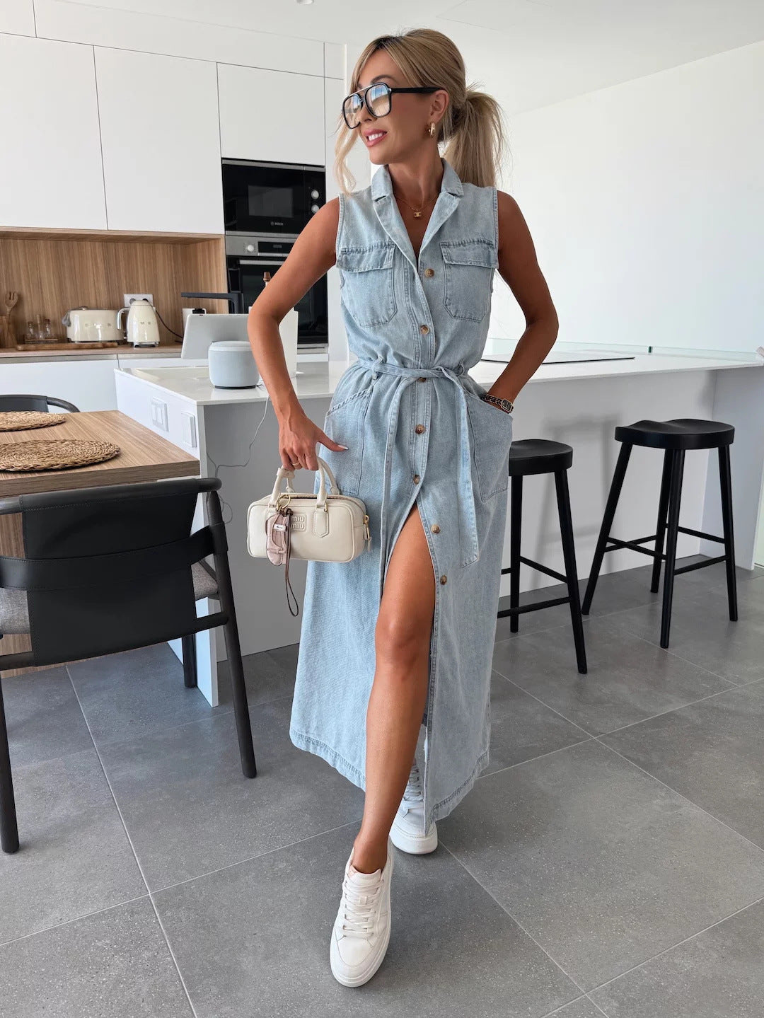 Alba – Belted Denim Bodycon Dress