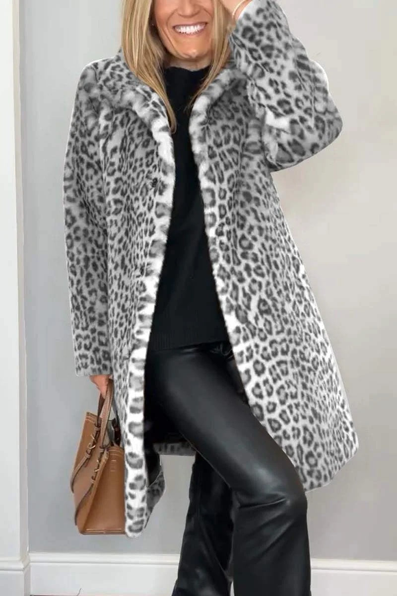Leopard Print Plush Mid-Length Winter Coat