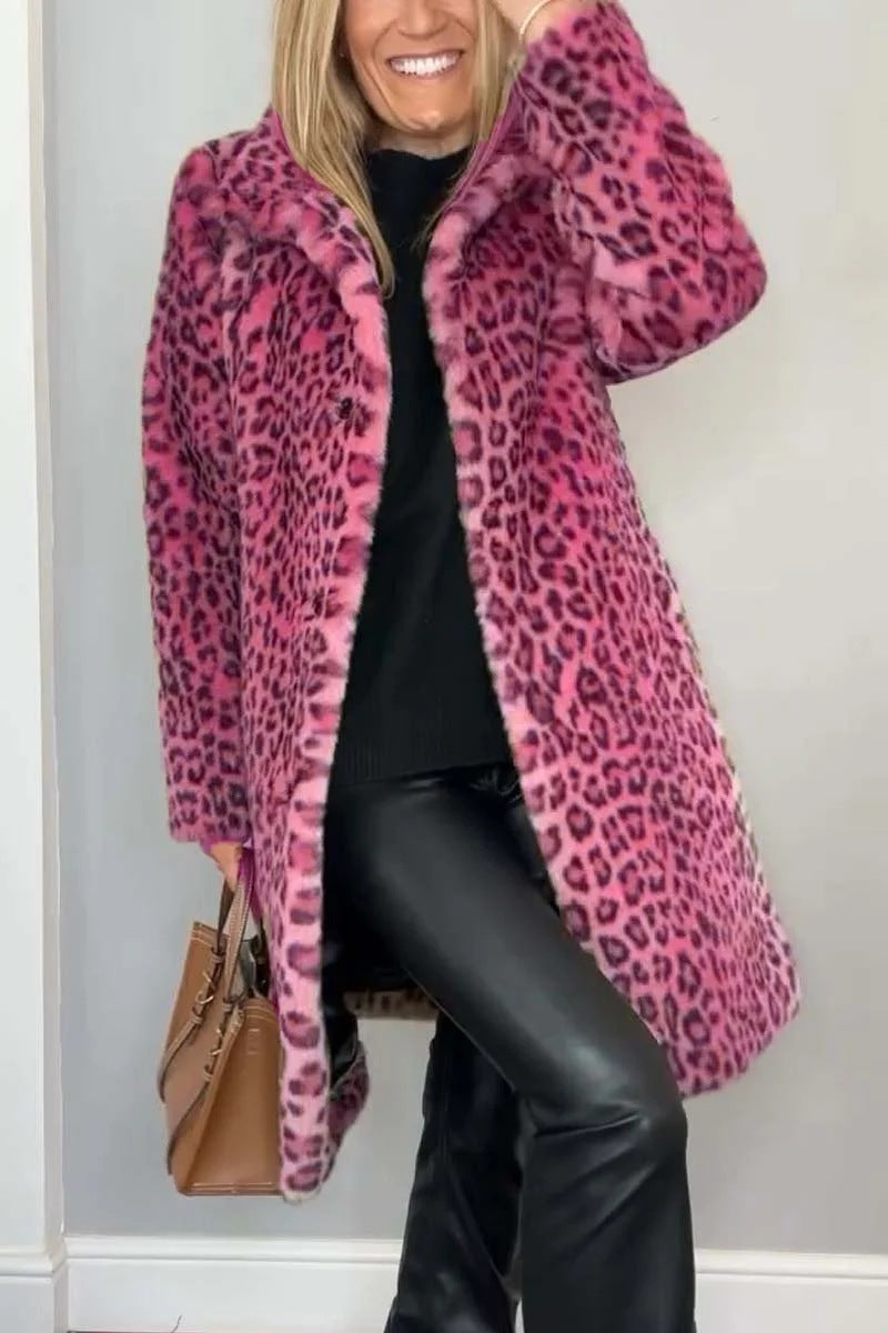 Leopard Print Plush Mid-Length Winter Coat