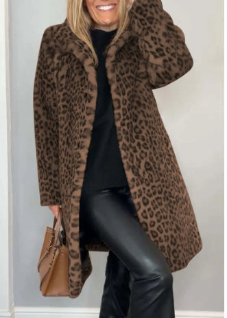 Leopard Print Plush Mid-Length Winter Coat