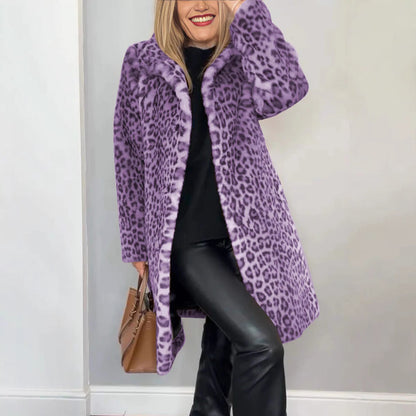 Leopard Print Plush Mid-Length Winter Coat