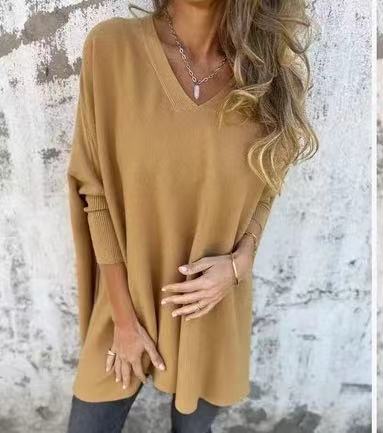 Women’s Knitted V-Neck Long Sleeve Loose Shirt