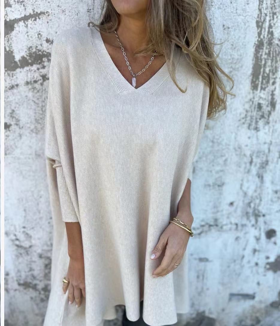 Women’s Knitted V-Neck Long Sleeve Loose Shirt