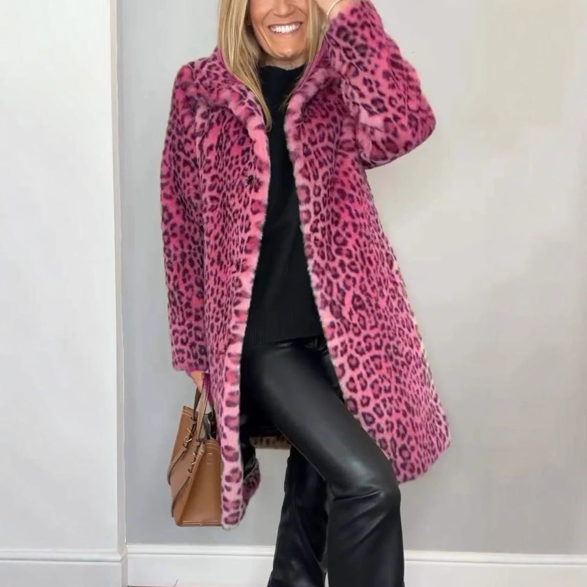 Leopard Print Plush Mid-Length Winter Coat