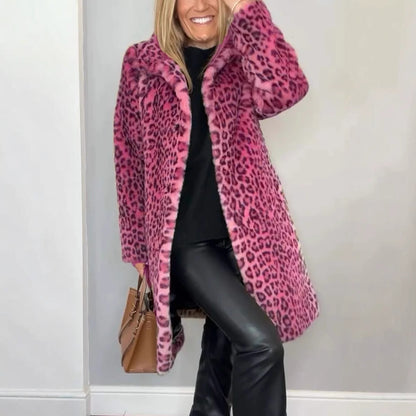 Leopard Print Plush Mid-Length Winter Coat