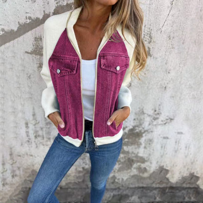 Women’s Casual Denim Patchwork Hooded Jacket