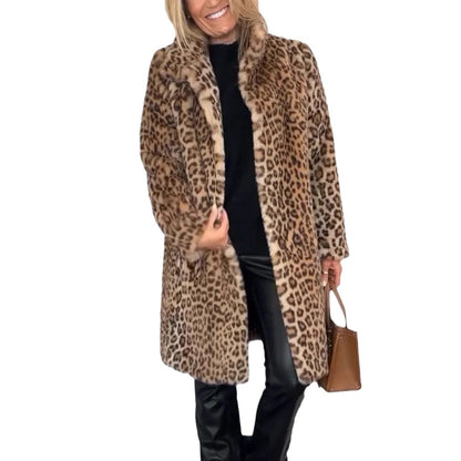 Leopard Print Plush Mid-Length Winter Coat