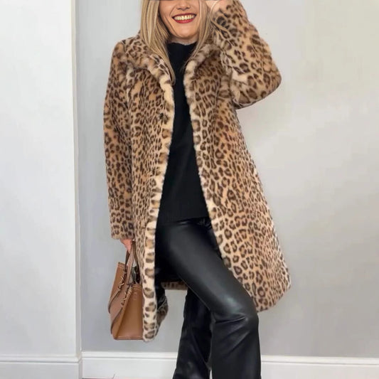 Leopard Print Plush Mid-Length Winter Coat