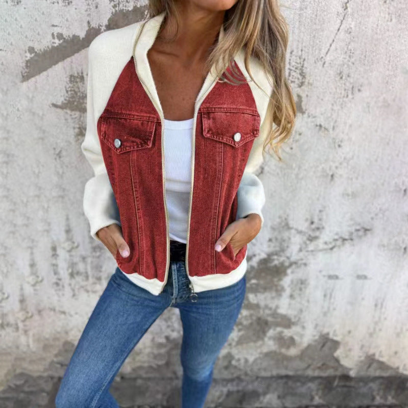 Women’s Casual Denim Patchwork Hooded Jacket
