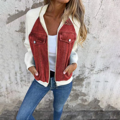 Women’s Casual Denim Patchwork Hooded Jacket