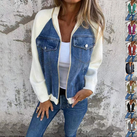 Women’s Casual Denim Patchwork Hooded Jacket