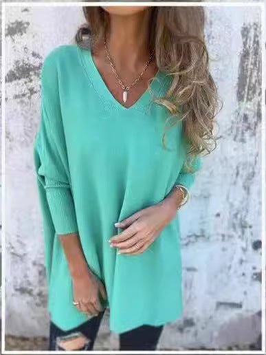 Women’s Knitted V-Neck Long Sleeve Loose Shirt