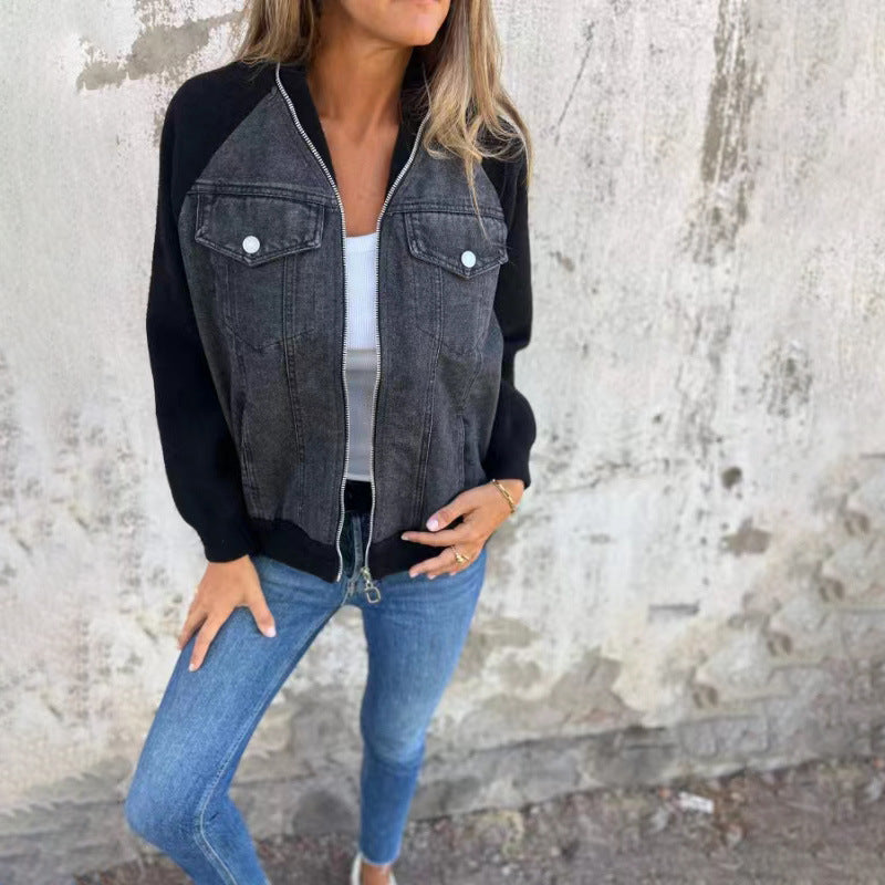 Women’s Casual Denim Patchwork Hooded Jacket