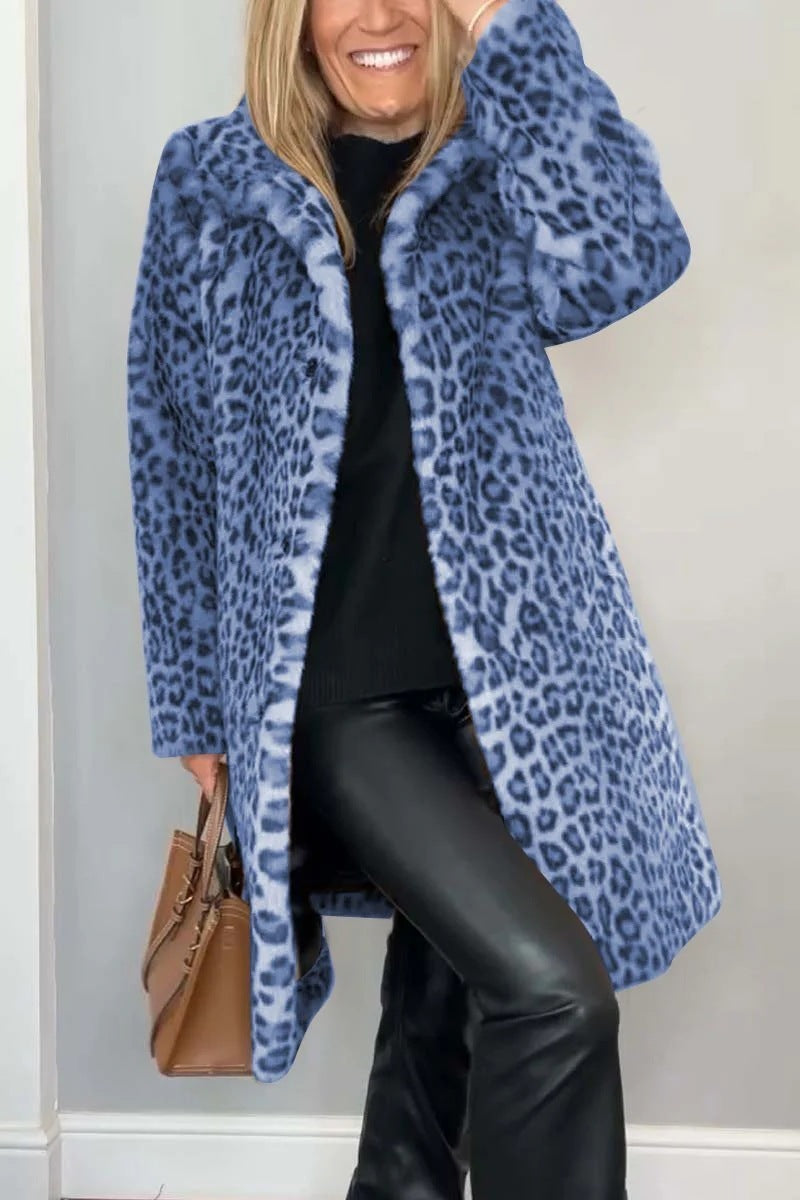 Leopard Print Plush Mid-Length Winter Coat