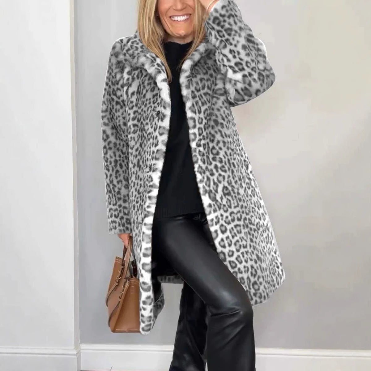 Leopard Print Plush Mid-Length Winter Coat