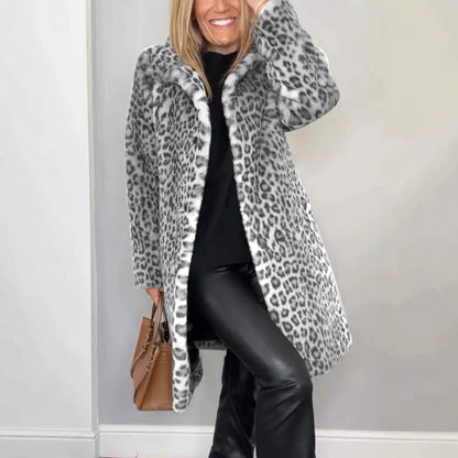 Leopard Print Plush Mid-Length Winter Coat