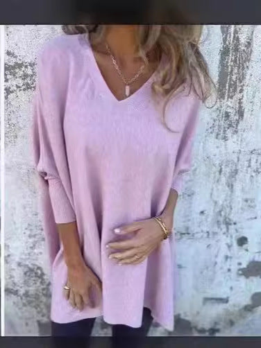Women’s Knitted V-Neck Long Sleeve Loose Shirt