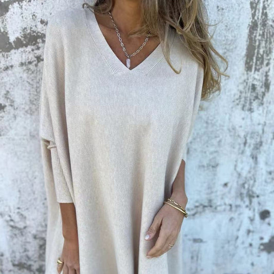 Women’s Knitted V-Neck Long Sleeve Loose Shirt