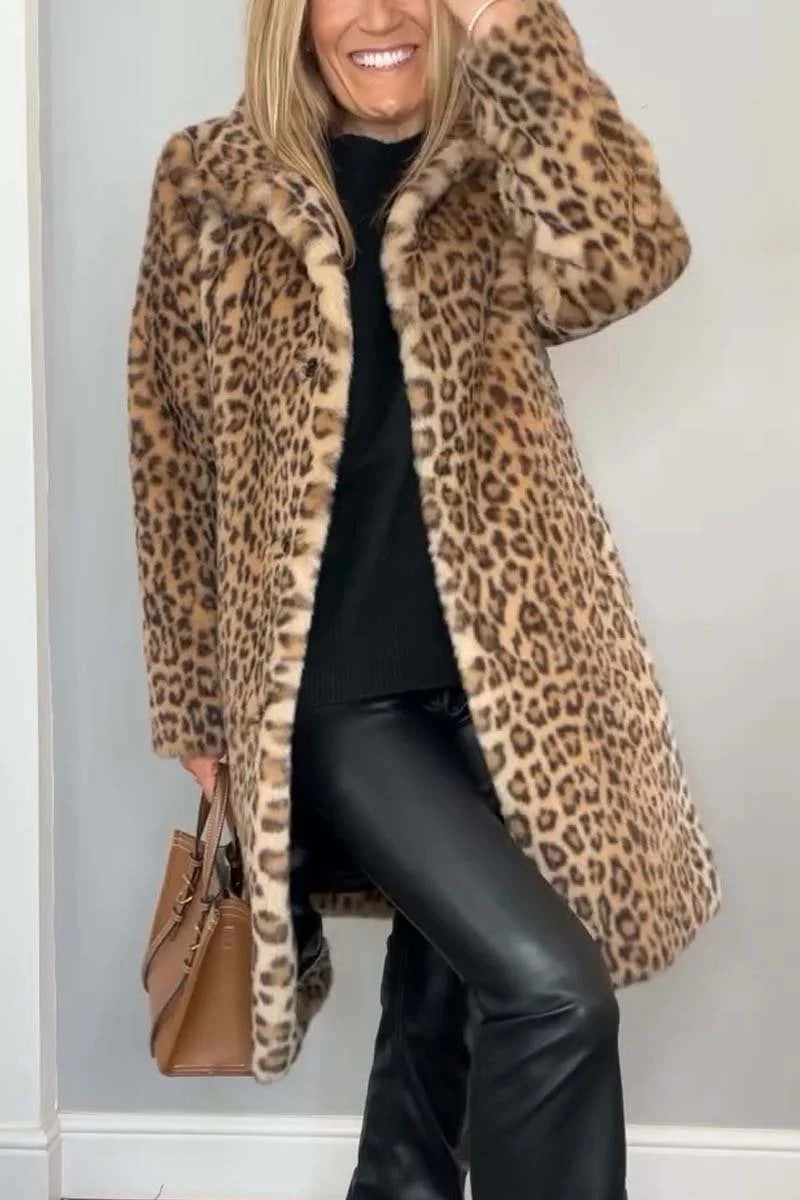 Leopard Print Plush Mid-Length Winter Coat