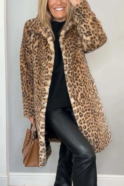 Leopard Print Plush Mid-Length Winter Coat