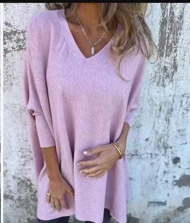 Women’s Knitted V-Neck Long Sleeve Loose Shirt