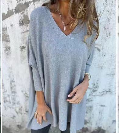 Women’s Knitted V-Neck Long Sleeve Loose Shirt